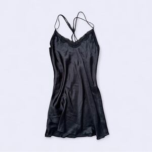 Lilac + London Black Satin Slip Dress Mini Lace Trim Size L